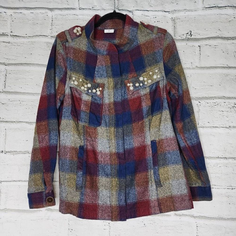 Cabi Pearl Embellished Full Zip Plaid Collage Jacket Multicolor Size Medium
